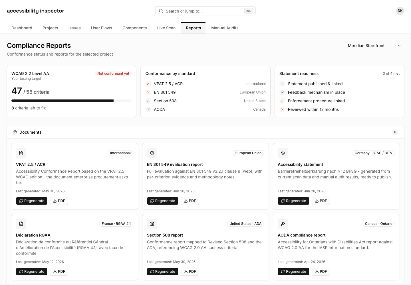 Compliance reports mapping findings to EN 301 549, the BFSG, Section 508 and VPAT.