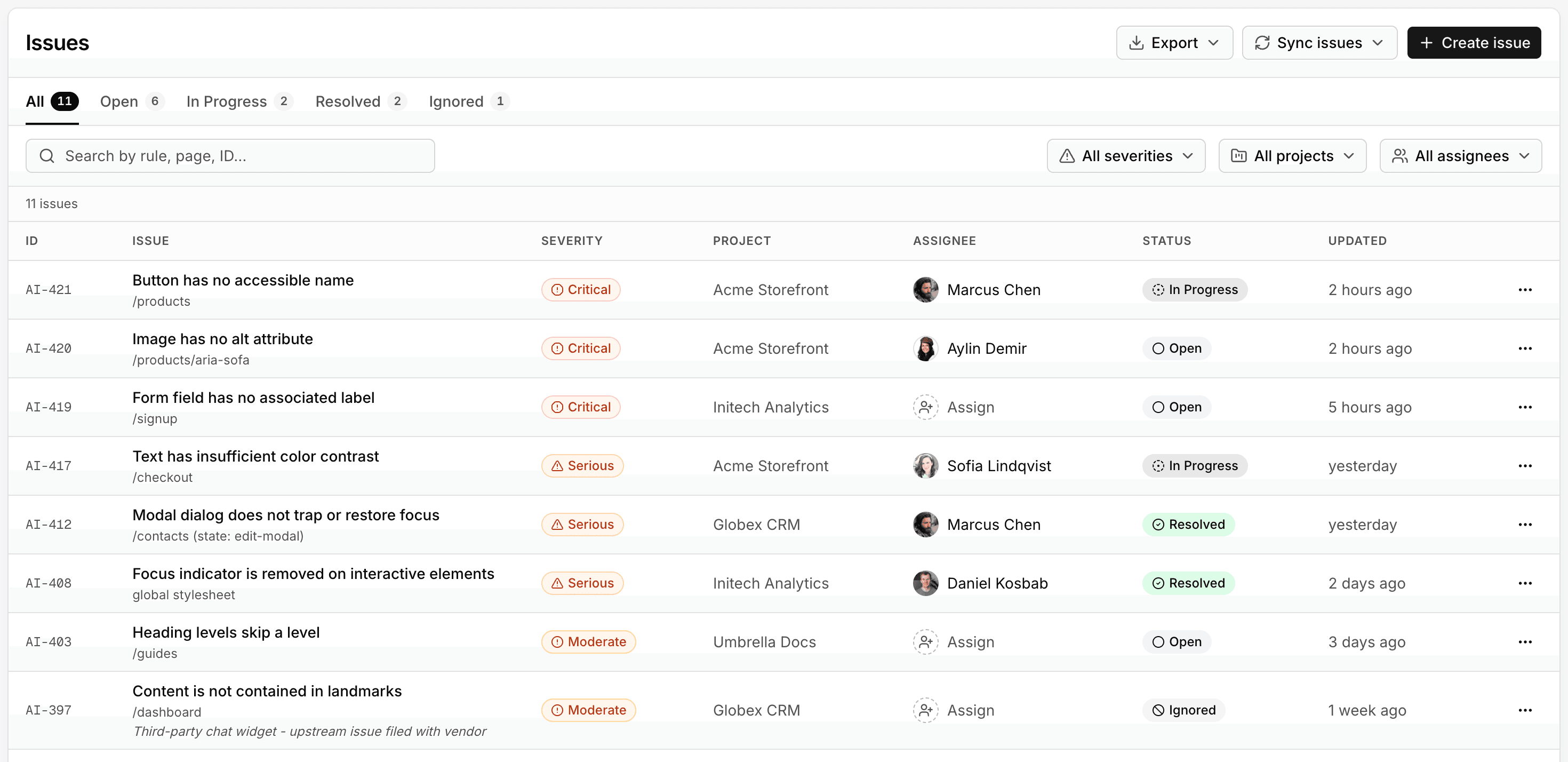 Issues view: findings graded by severity, each mapped to a WCAG criterion and level, with the affected page and CSS selector.