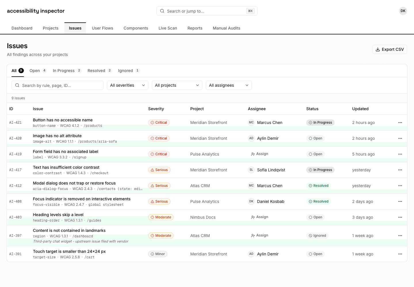 Issues view: findings graded by severity, each mapped to a WCAG criterion and level, with the affected page and CSS selector.